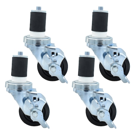 Bk Resources 3-inch Polyolefin Stem Casters, Top Lock Brake, 300lb Capacity, 4PK 3SBR-RA-LDP-PS4
